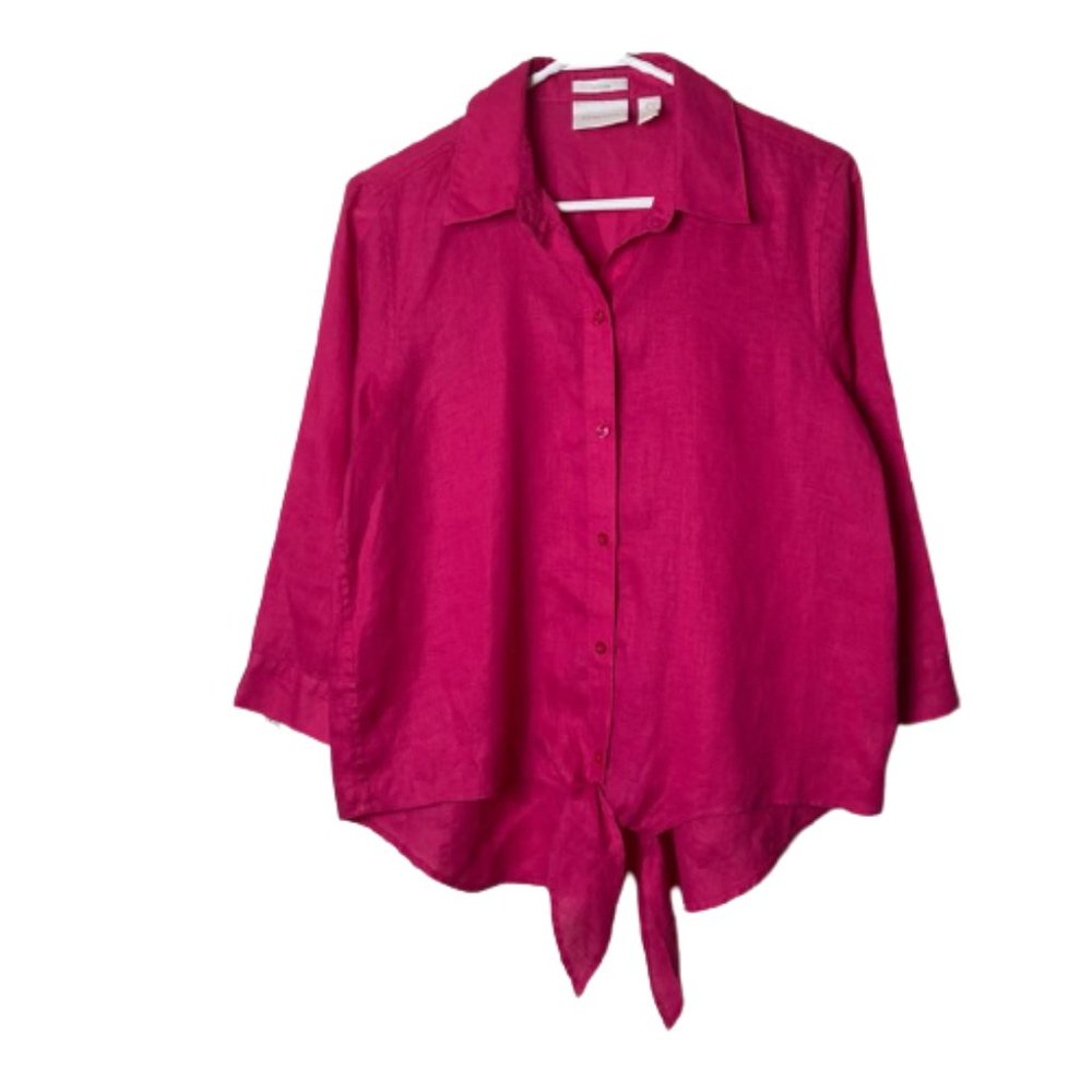 Chicos hot pink no iron linen tie hem button front top women's S 0